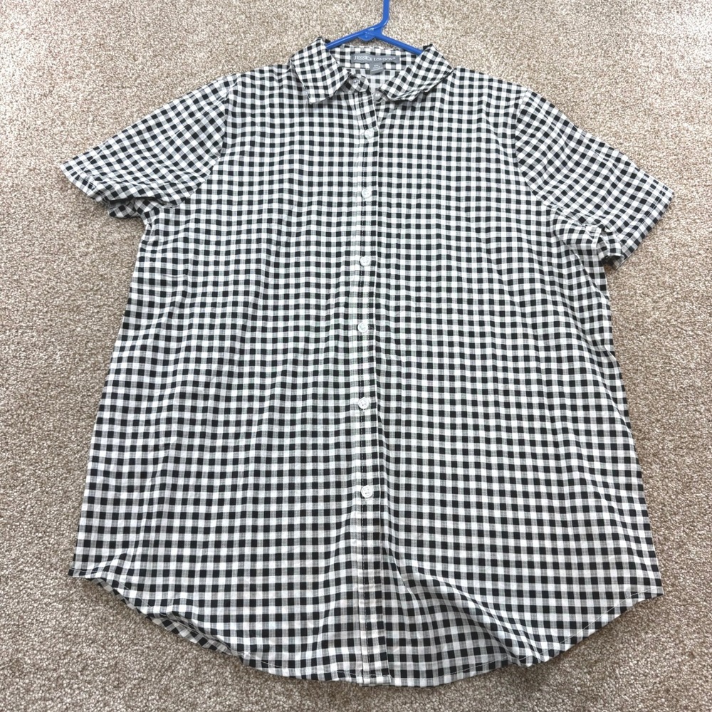 Jessica London Womens 12W Black White Gingham Short Sleeve Button Down Shirt 12